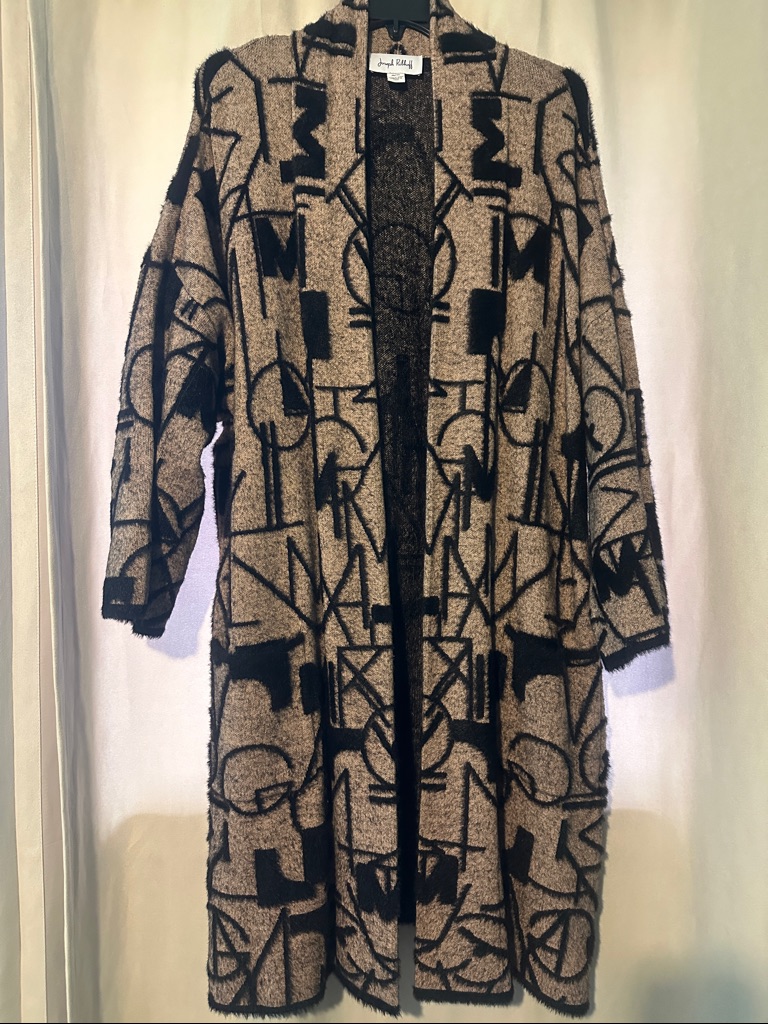 Joseph Ribkoff - Long Open-Front Patterned Cardigan Sweater - Black & Beige